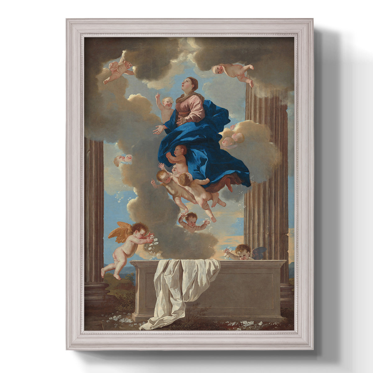 Classical religious depiction of the Assumption of the Virgin by Nicolas Poussin printed on canvas in an ornate weathered white frame with a vertical orientation.
