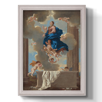 Classical religious depiction of the Assumption of the Virgin by Nicolas Poussin printed on canvas in an ornate weathered white frame with a vertical orientation.