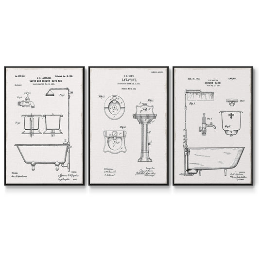 Vintage Bath I - Framed Premium Gallery Wrapped Canvas L Frame 3 Piece Set - Ready to Hang