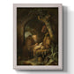 Intimate genre portrait of a hermit by Gerrit Dou printed on canvas in an ornate weathered white frame with a vertical orientation.