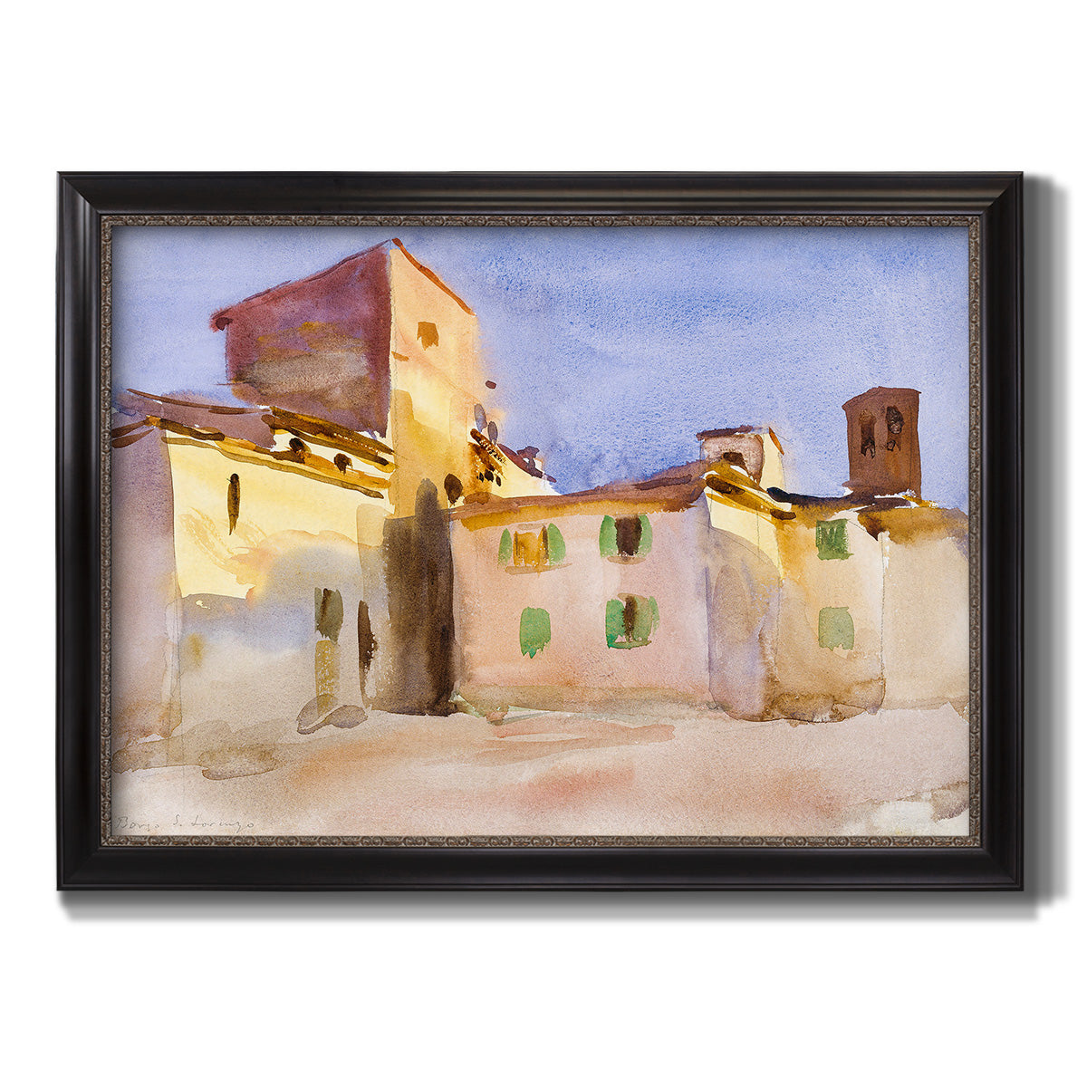Impressionist Italian village scene by John Singer Sargent printed on canvas in an ornate black frame with gilded inner detail.
