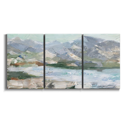 Three-panel canvas wall art featuring pastel mountain landscape view on white background.
