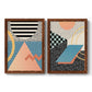 Set of two maple barnwood framed canvas prints featuring two retro graphic abstracts featuring bold geometric Memphis-style patterns.