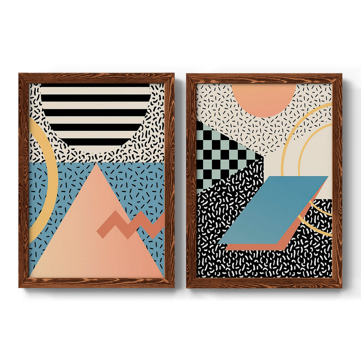 Set of two maple barnwood framed canvas prints featuring two retro graphic abstracts featuring bold geometric Memphis-style patterns.