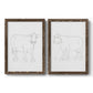 Set of two walnut barnwood framed canvas prints featuring two minimalist livestock sketches featuring simple contour drawings of standing cows.
