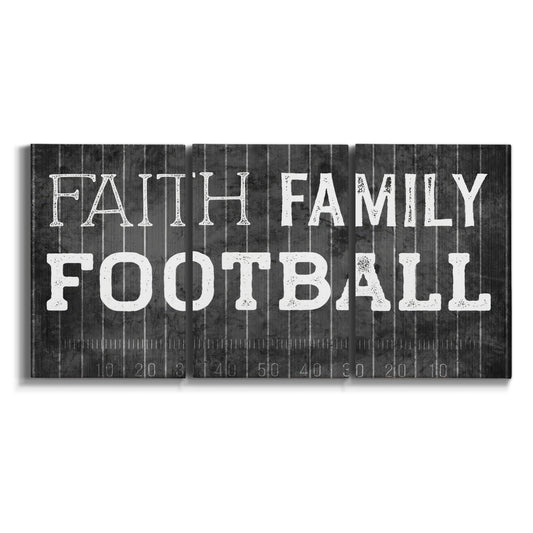 Three-panel canvas wall art featuring bold family themed typography design on white background.