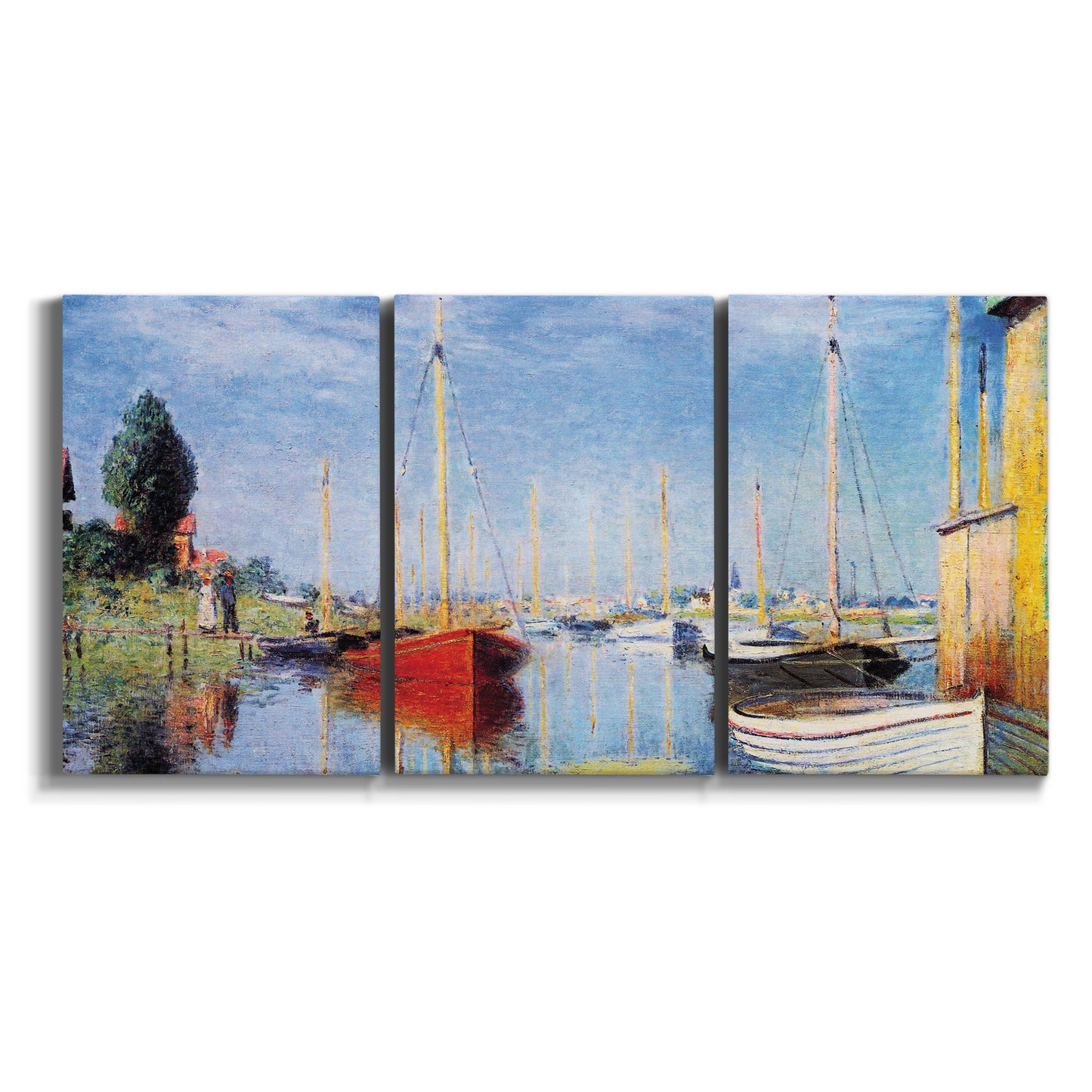 Three-panel canvas wall art featuring sailboats gathered along river on white background.