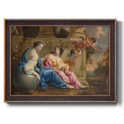 Classical allegorical painting of the muses by Simon Vouet printed on canvas in an ornate bronzed mahogany wood frame.