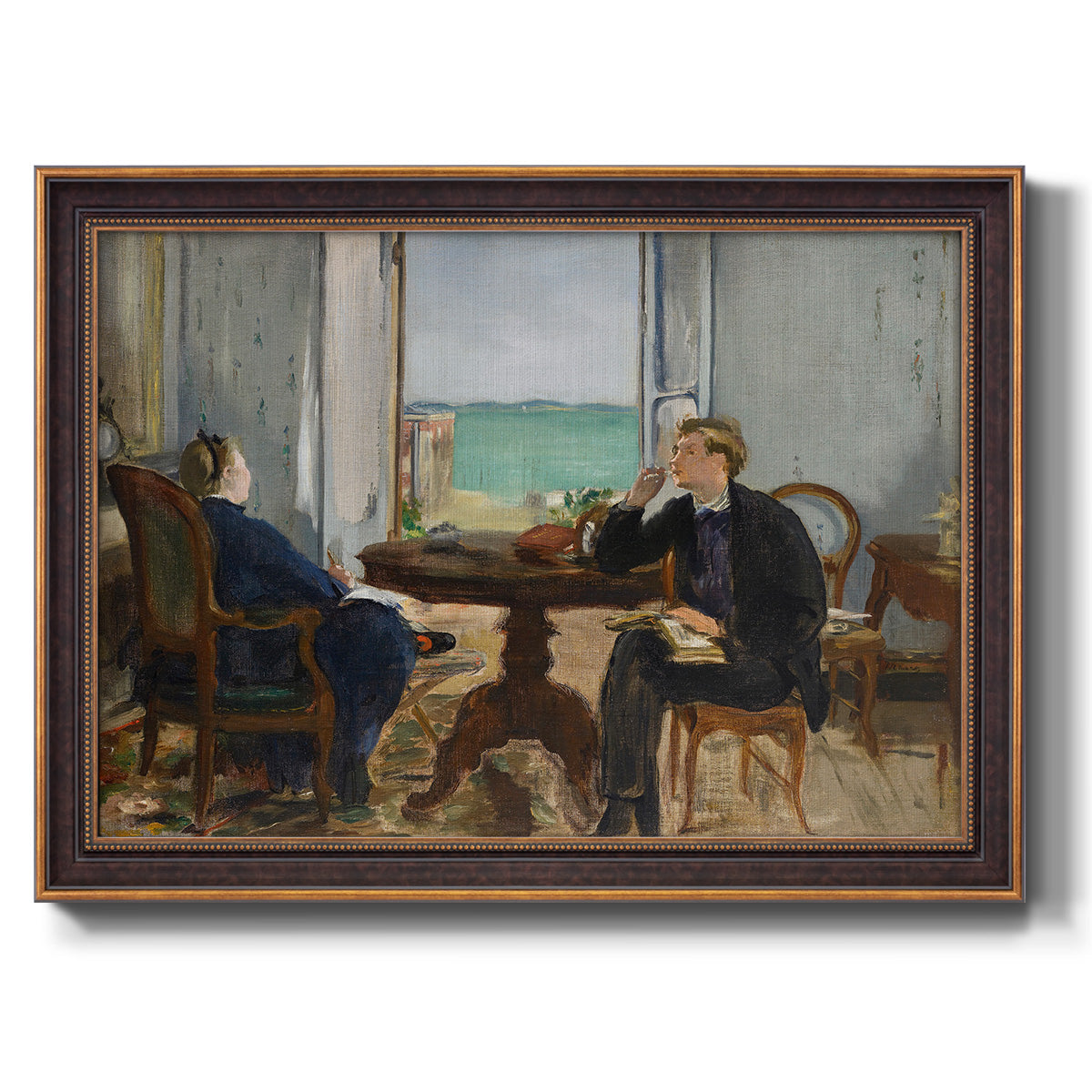 Impressionist interior scene by Édouard Manet printed on canvas in an ornate bronzed mahogany wood frame.