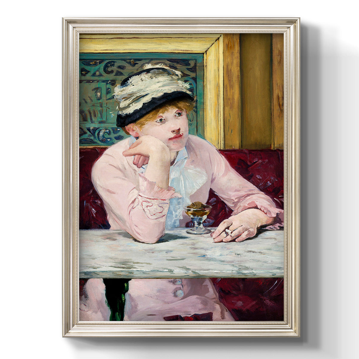 Impressionist portrait scene with plum brandy by Édouard Manet printed on canvas in an ornate black frame with gilded inner detail with a vertical orientation.