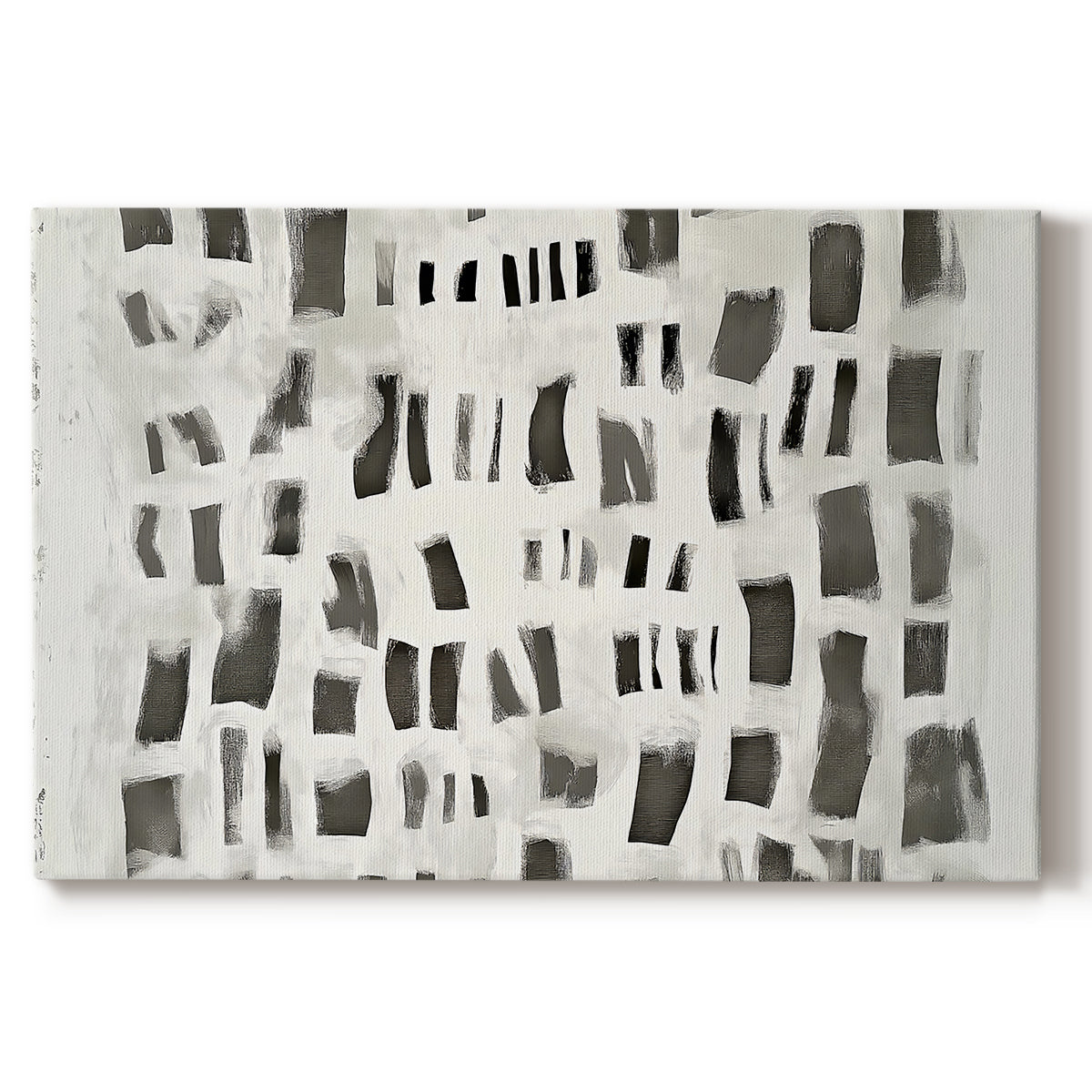Modern abstract art composition featuring contrasting black and white shapes on canvas