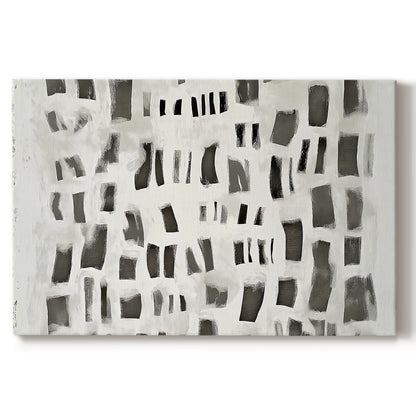 Modern abstract art composition featuring contrasting black and white shapes on canvas