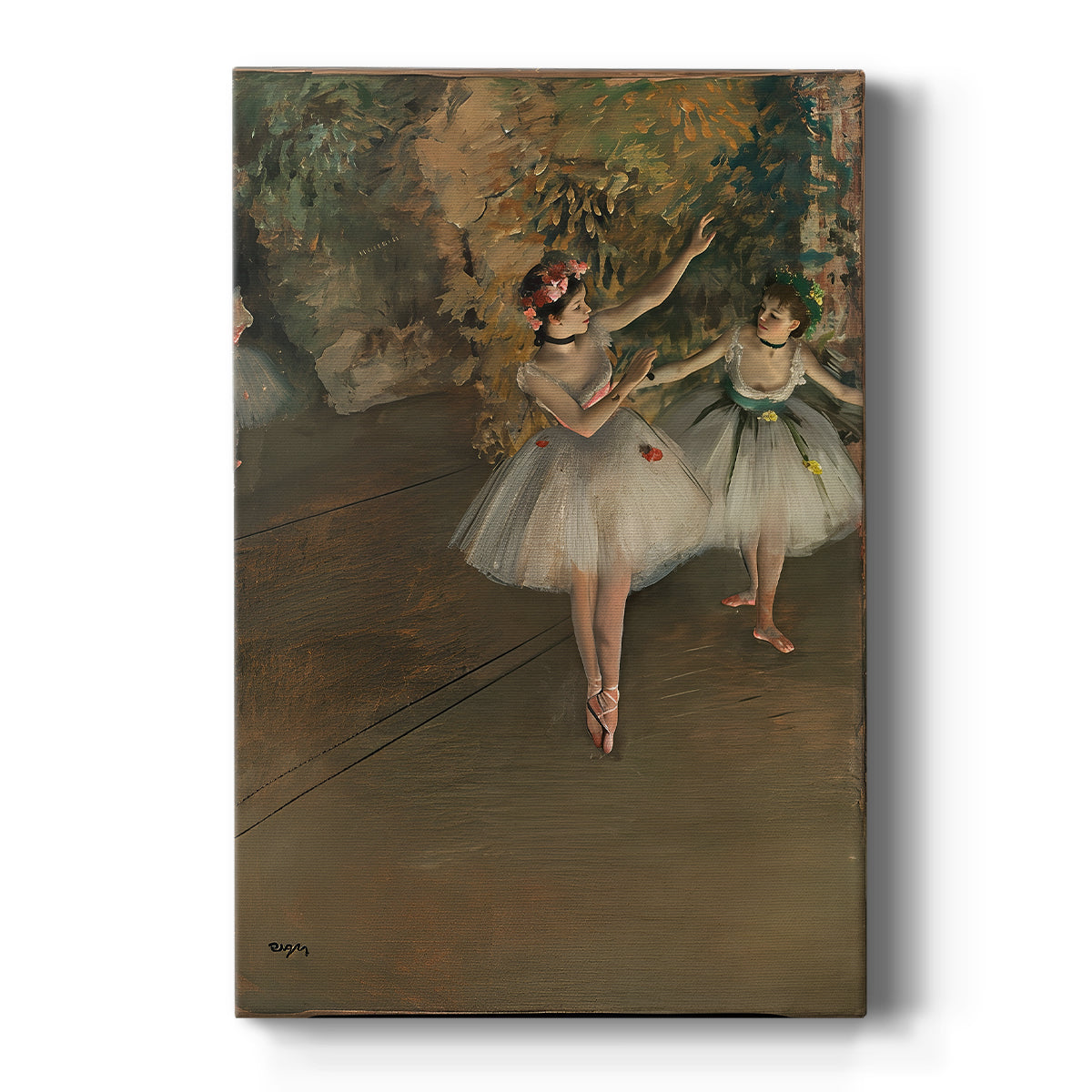 Canvas art print featuring an impressionist scene of two ballet dancers performing on stage on a clean white background.
