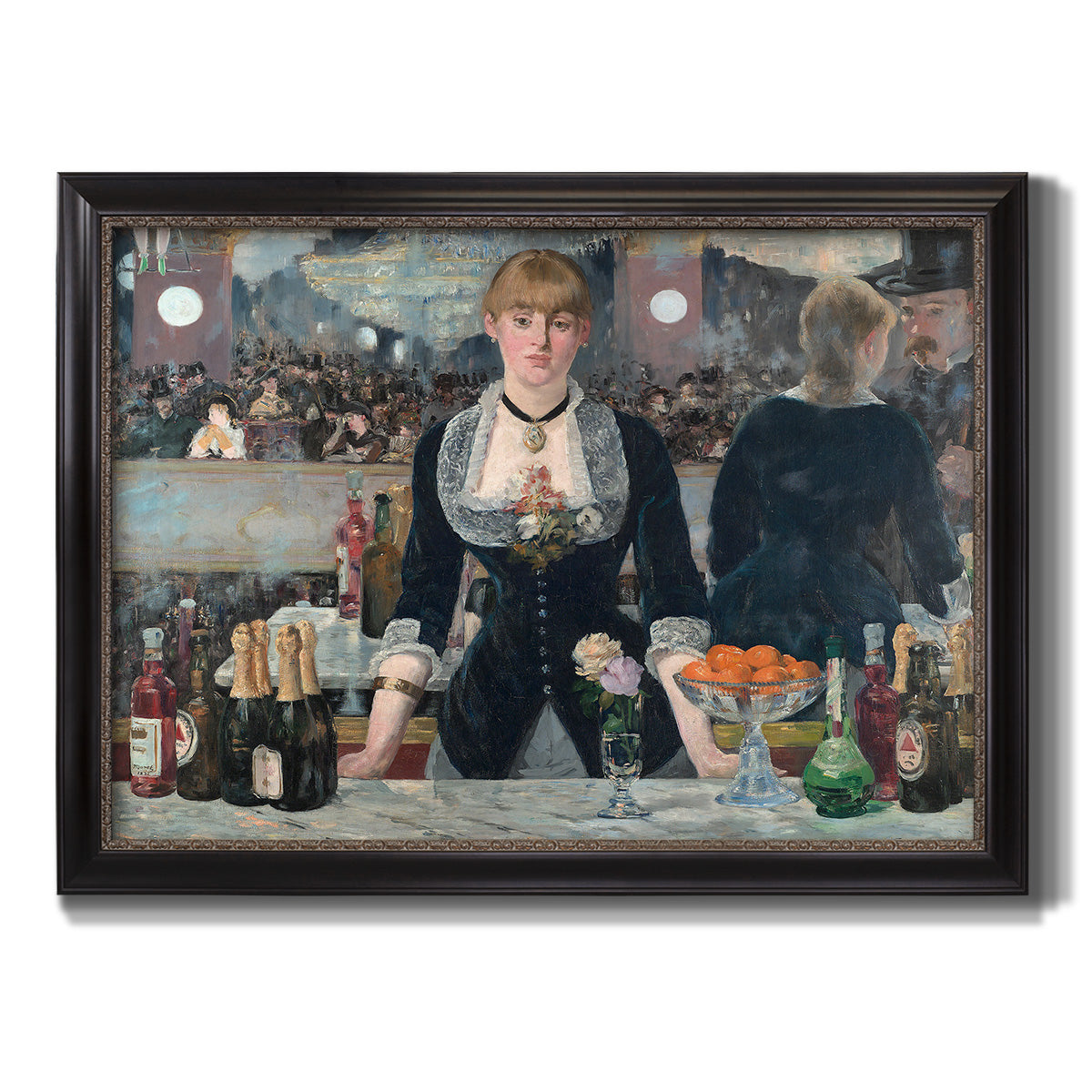 Iconic impressionist café bar scene by Édouard Manet printed on canvas in an ornate black frame with gilded inner detail.