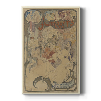 Canvas art print featuring an Art Nouveau illustration of a couple embracing with soft colors and ornate details on a clean white background.