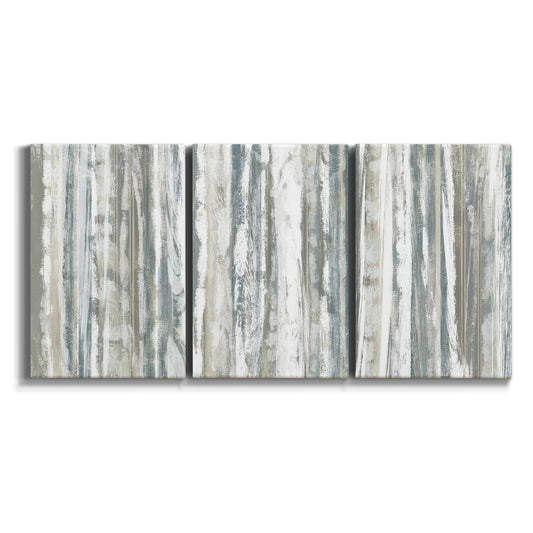 Three-panel canvas wall art featuring vertical treeline abstract pattern on white background.