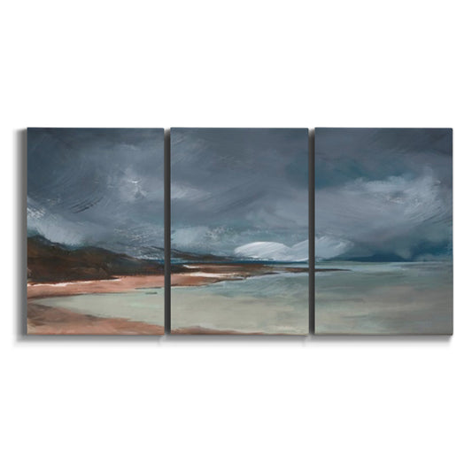 Three-panel canvas wall art featuring stormy sea glass toned coastline on white background.