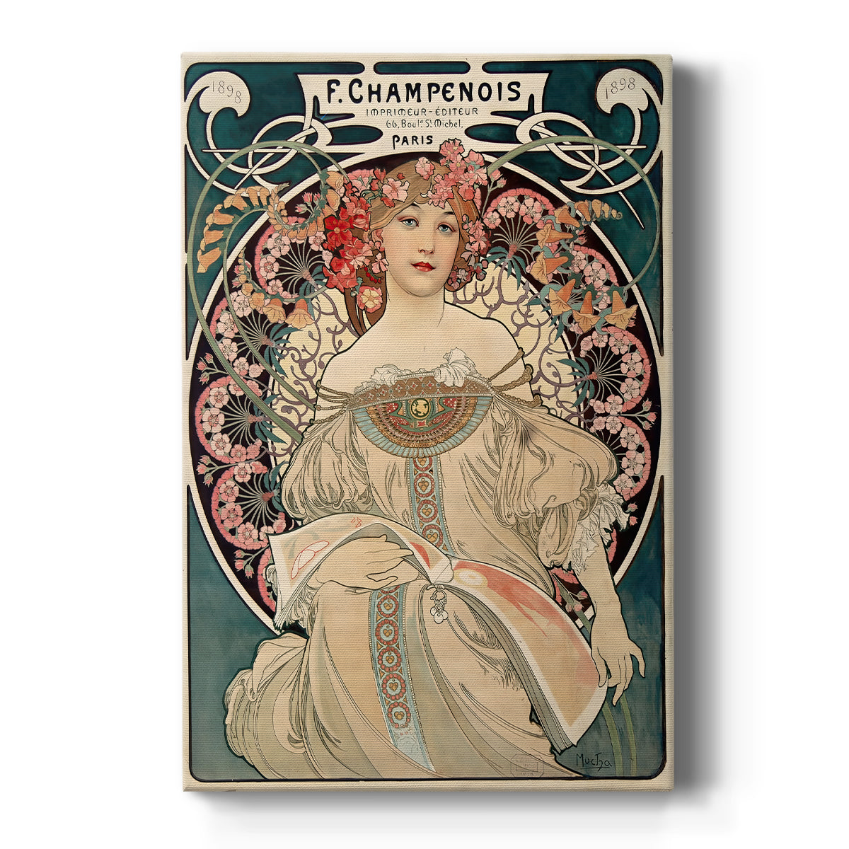 Canvas art print featuring an Art Nouveau illustration of a dreamy woman with ornate flowing details on a clean white background.