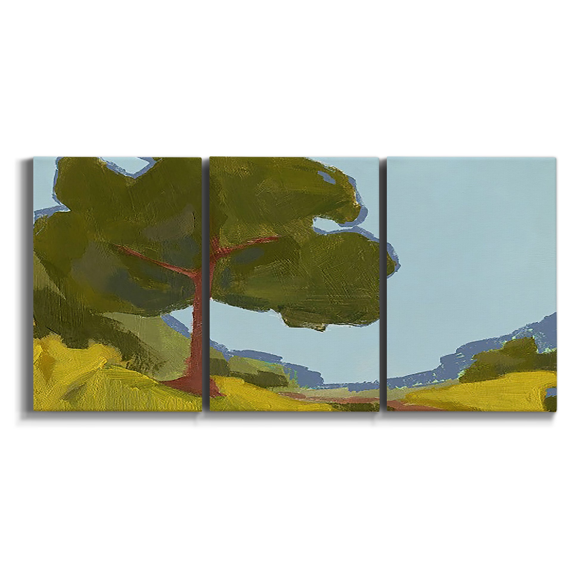 Three-panel canvas wall art featuring sunlit public park landscape view on white background.