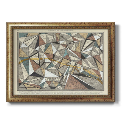 Modern abstract map artwork of Paris printed on canvas in an ornate vintage gold frame.