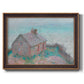 Impressionist coastal building landscape by Claude Monet printed on canvas in an ornate bronzed mahogany wood frame.
