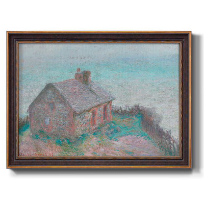 Impressionist coastal building landscape by Claude Monet printed on canvas in an ornate bronzed mahogany wood frame.