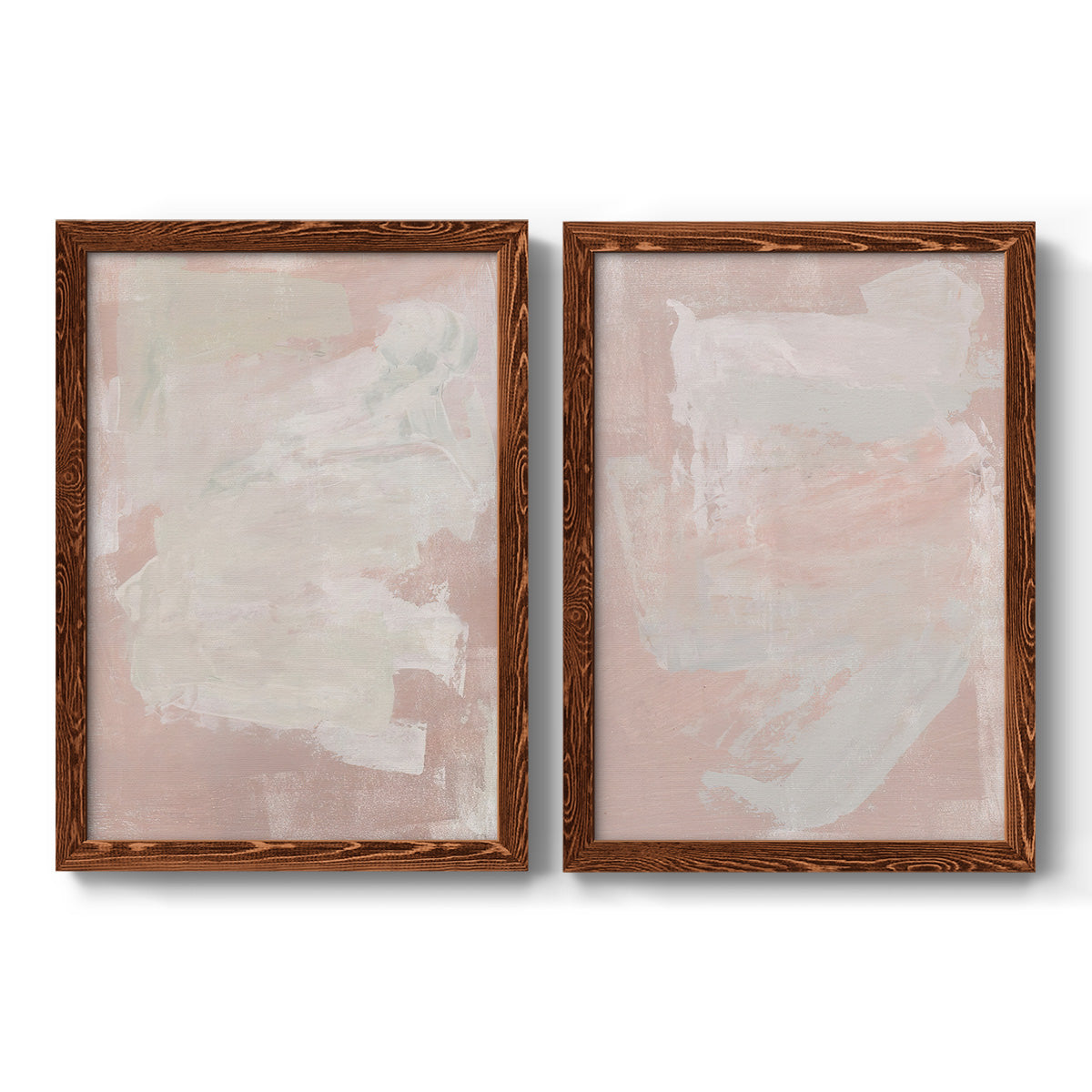Set of two maple barnwood framed canvas prints featuring two minimalist color-field abstracts featuring soft blush and white painterly fields.