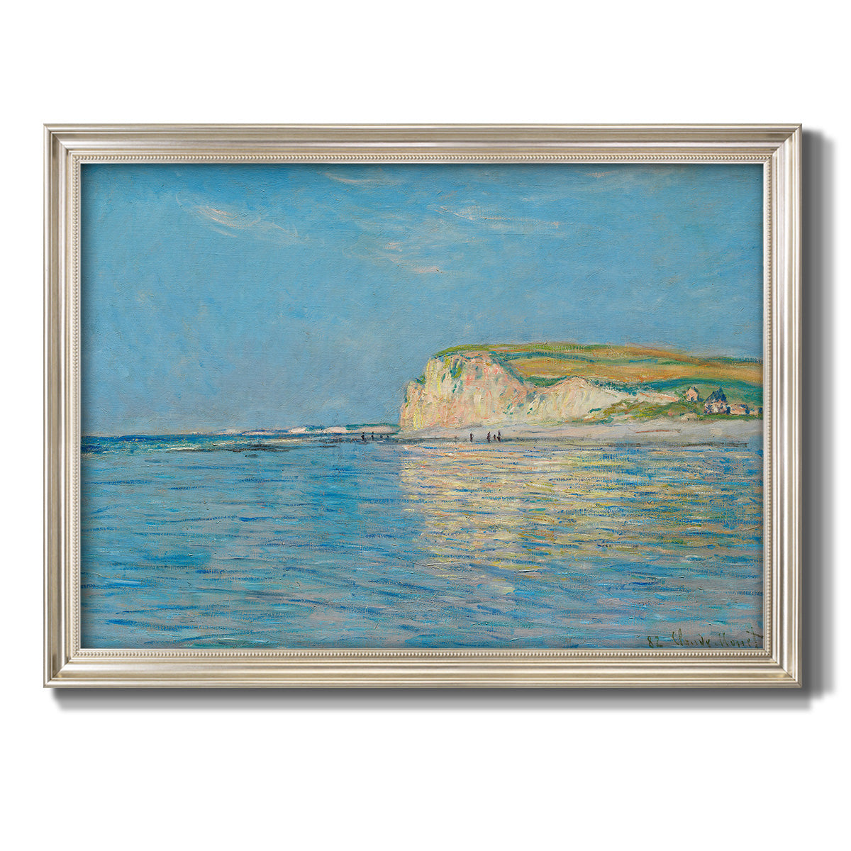 Impressionist coastal low-tide seascape at Pourville by Claude Monet printed on canvas in an ornate champagne frame.