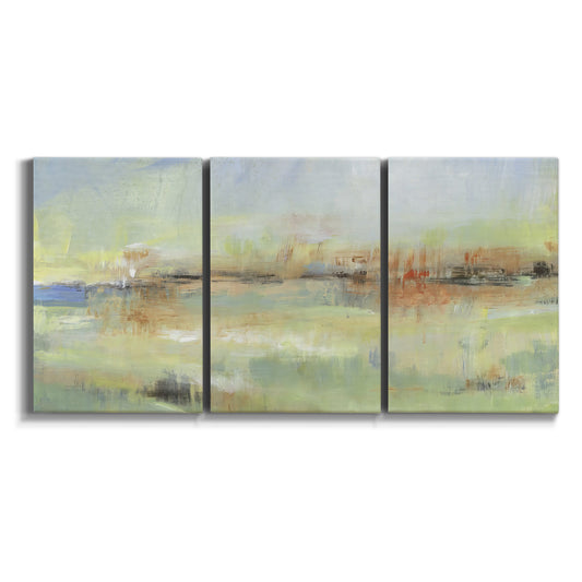 Three-panel canvas wall art featuring layered abstract transitional textures on white background.