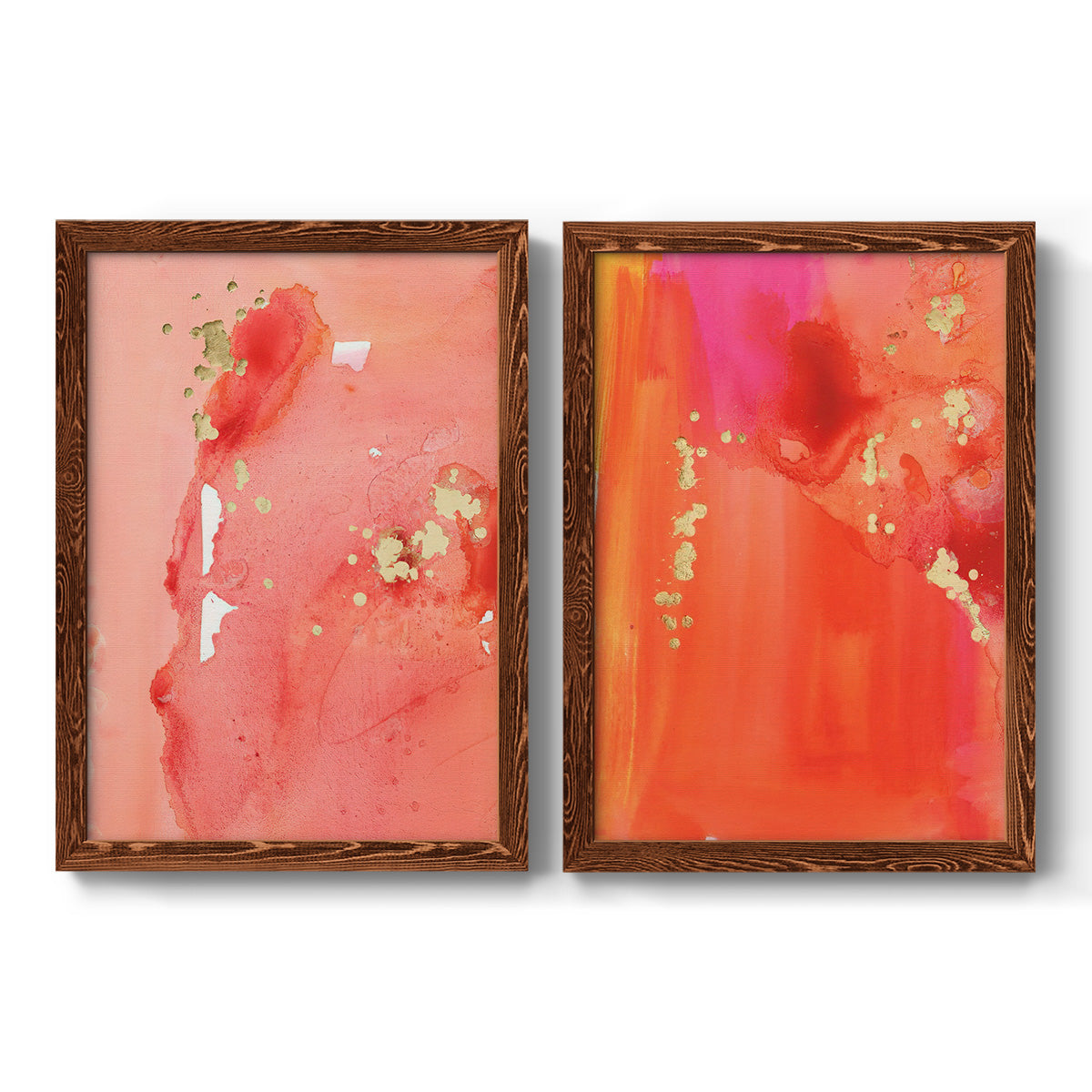 Set of two maple barnwood framed canvas prints featuring two glamorous fluid abstracts featuring luminous coral orange and pink color fields with gold flecks.
