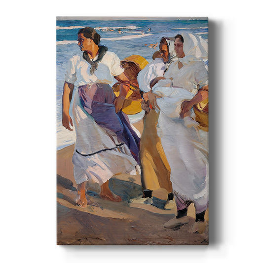 Canvas art print featuring an impressionist beach scene of women carrying baskets along the shoreline on a clean white background.