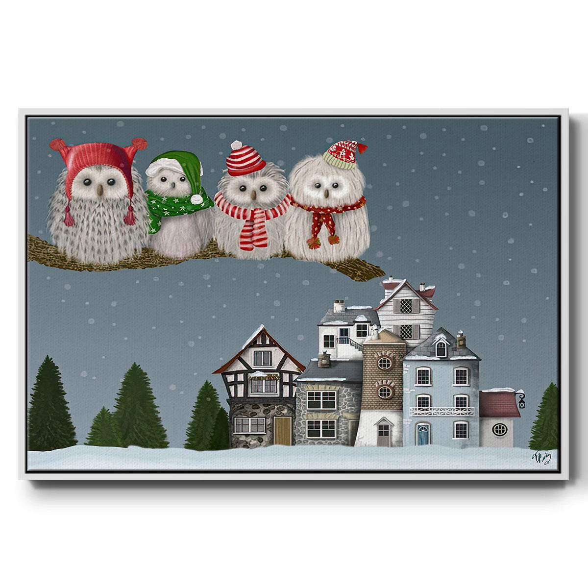 Christmas Christmas Owl Village - Framed Gallery Wrapped Canvas in Floating Frame