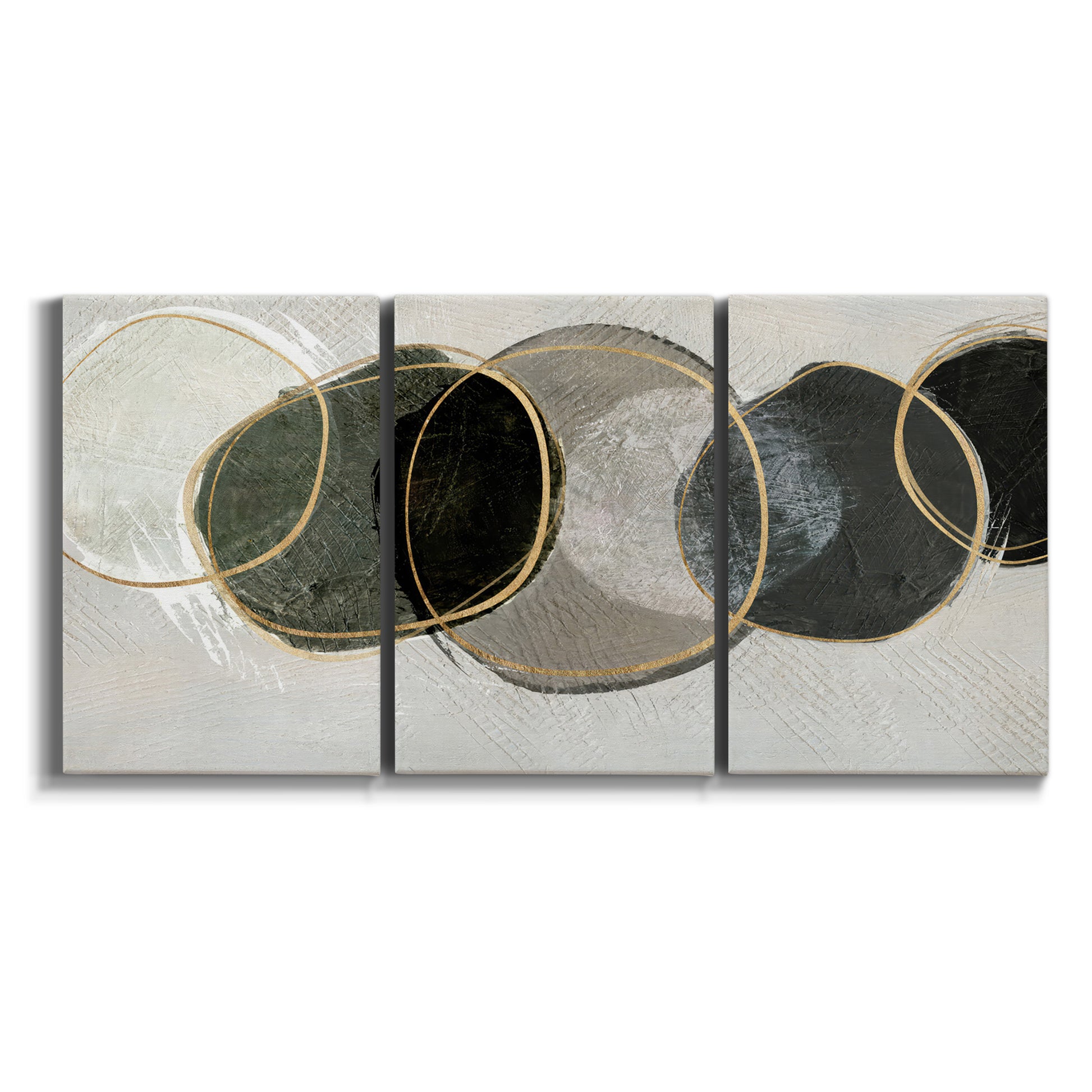 Three-panel canvas wall art featuring smooth abstract river stone forms on white background.