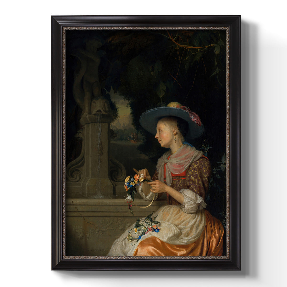 Classical interior scene of a woman weaving flowers by Godfried Schalcken printed on canvas in an ornate black frame with gilded inner detail with a vertical orientation.