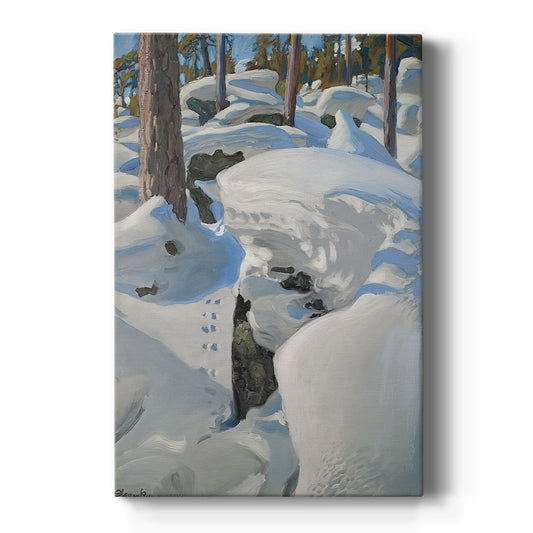 Canvas art print featuring a snowy winter forest with animal tracks leading through deep untouched snow on a clean white background.