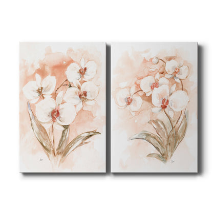 Set of two vertical canvas prints featuring white and coral orchid botanical illustration, displayed side by side.
