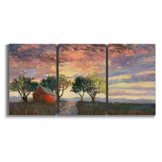 Three-panel canvas wall art featuring dramatic sky over rural farmhouse on white background.