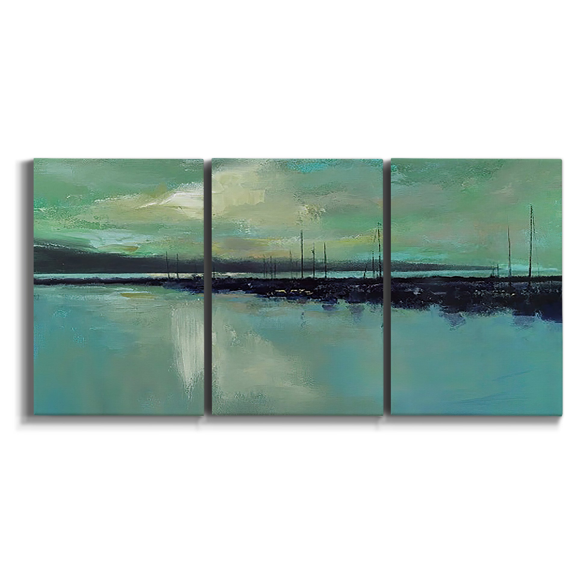 Three-panel canvas wall art featuring calm harbor water with glowing horizon on white background.