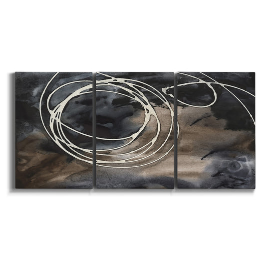 Three-panel canvas wall art featuring dark swirling abstract motion on white background.