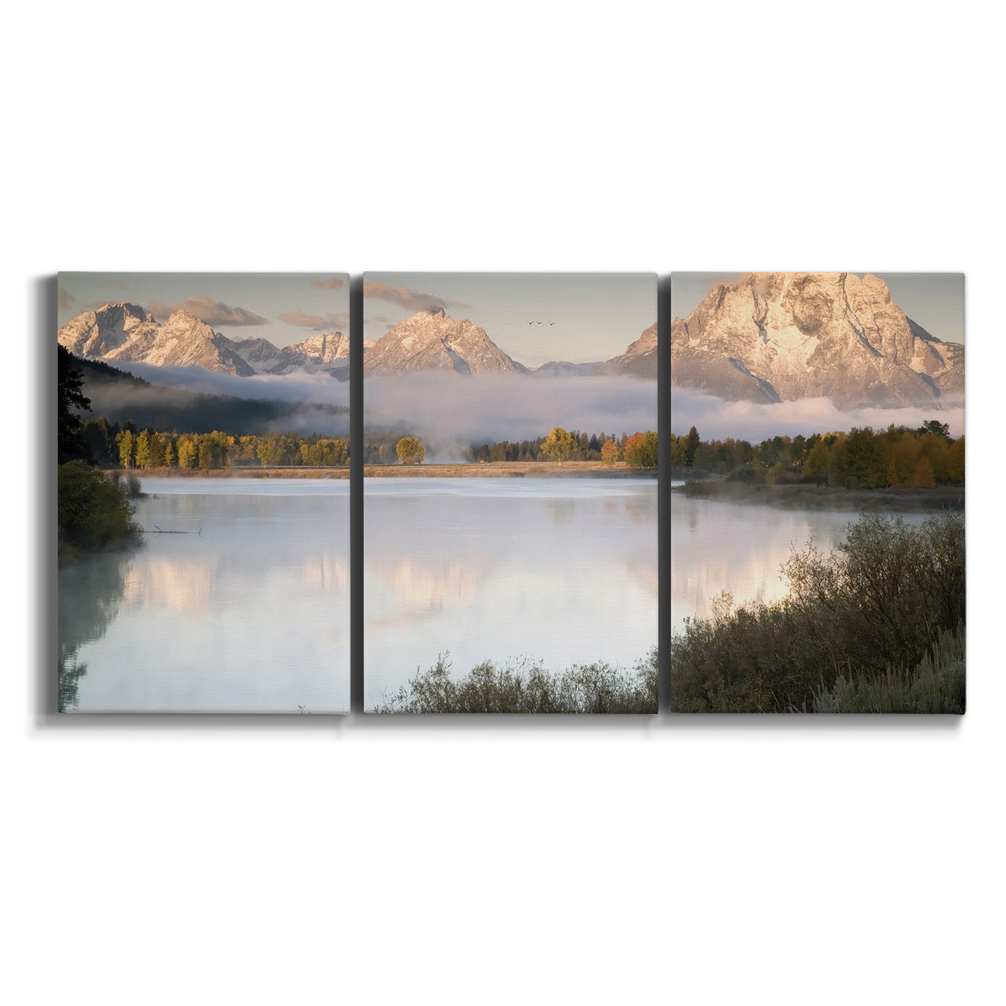 Three-panel canvas wall art featuring fog drifting over winding river on white background.