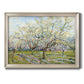 Impressionist white-blossomed orchard landscape by Vincent van Gogh printed on canvas in an ornate champagne frame.