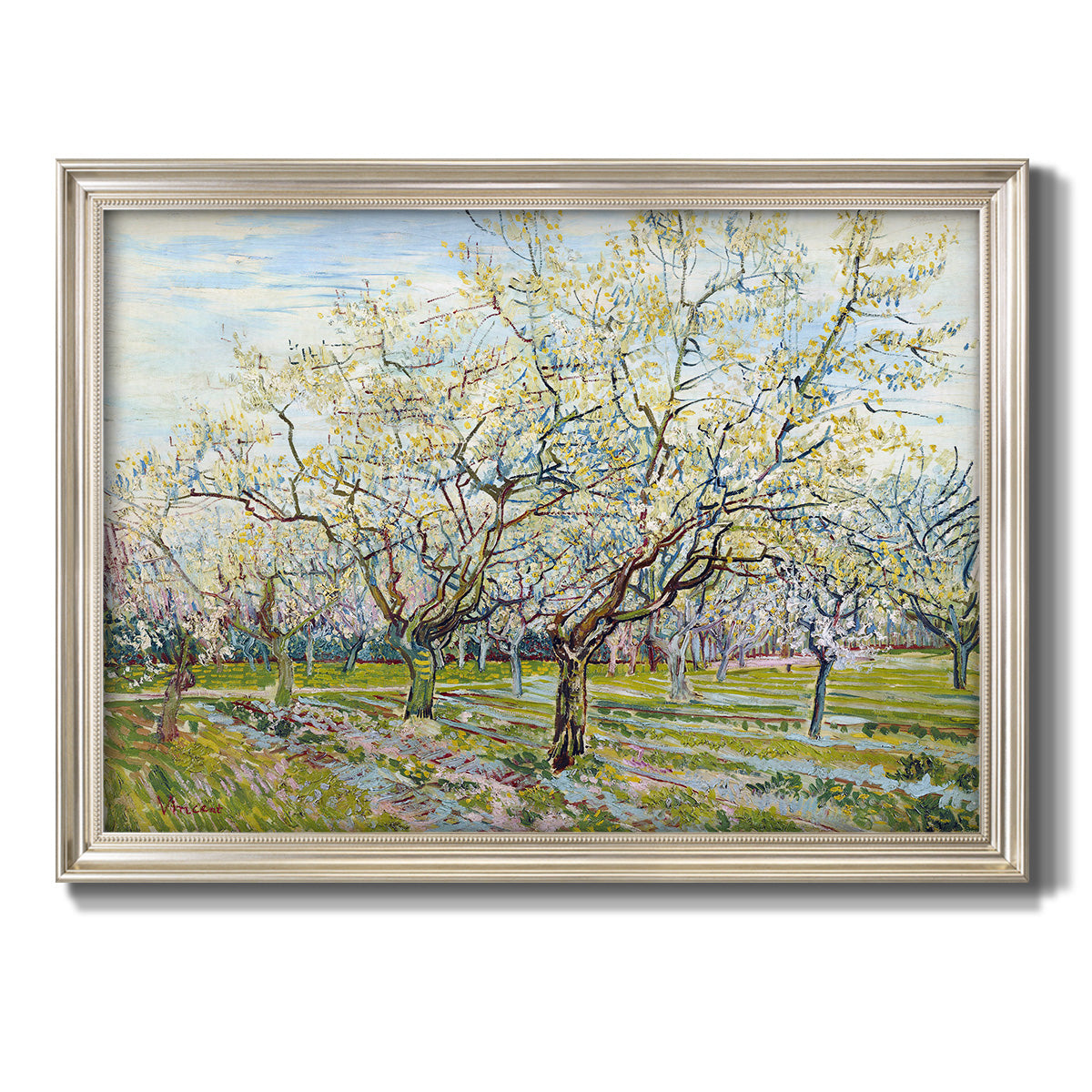 Impressionist white-blossomed orchard landscape by Vincent van Gogh printed on canvas in an ornate champagne frame.