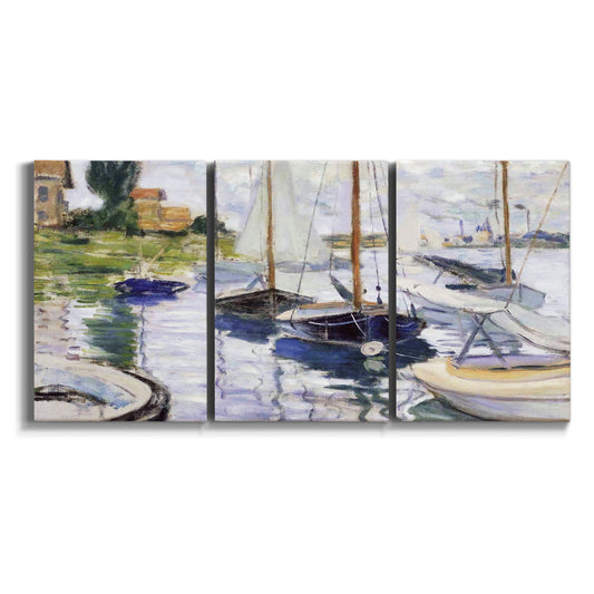 Three-panel canvas wall art featuring river basin with clustered boats on white background.