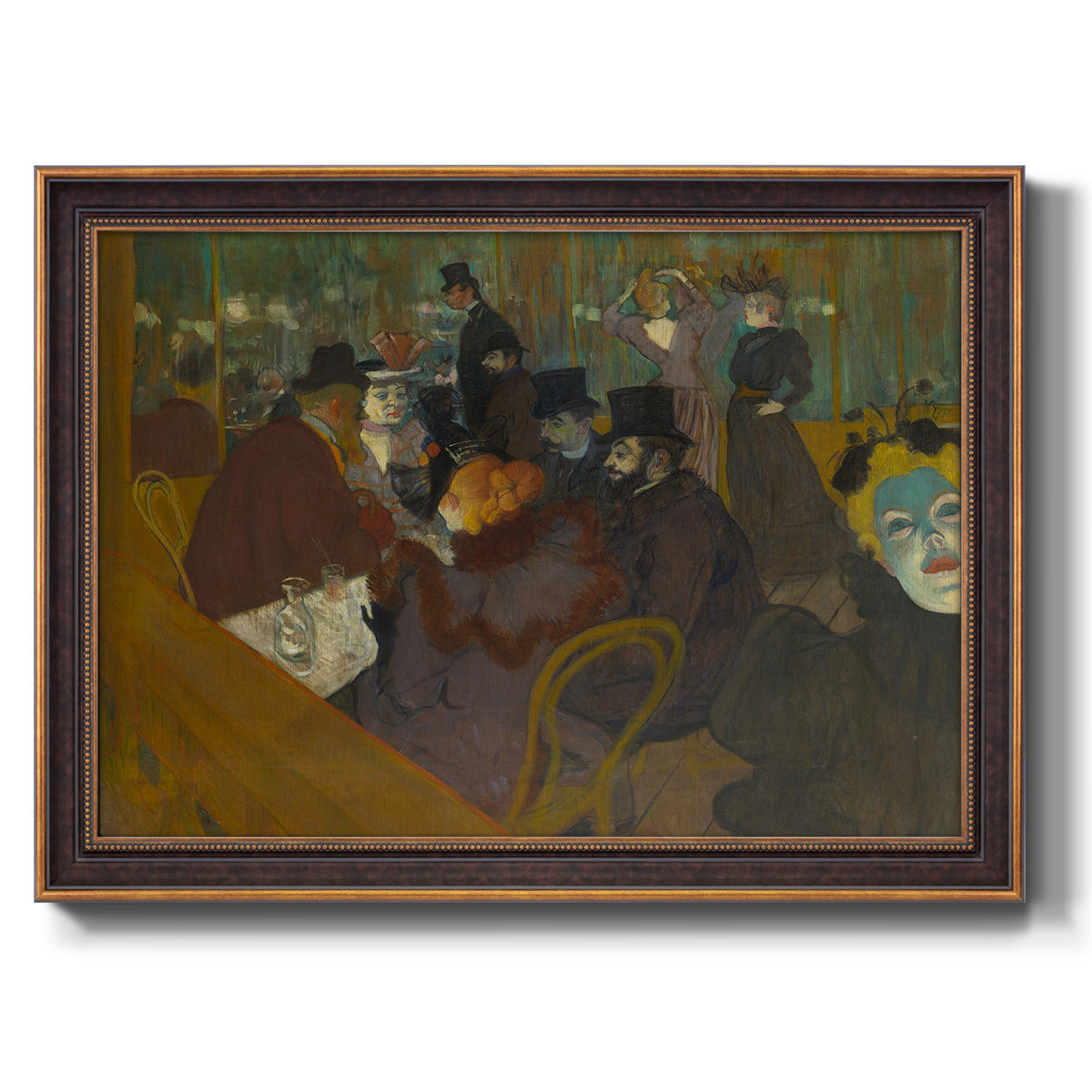 Impressionist cabaret interior scene by Henri de Toulouse-Lautrec printed on canvas in an ornate bronzed mahogany wood frame.