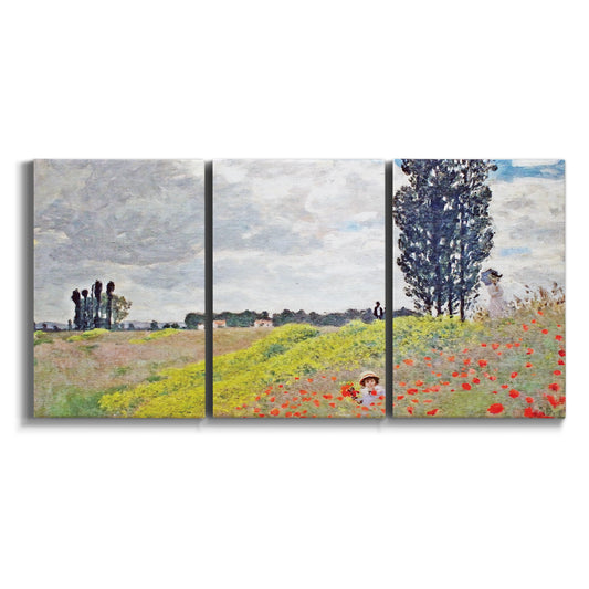 Three-panel canvas wall art featuring open poppy field in countryside on white background.