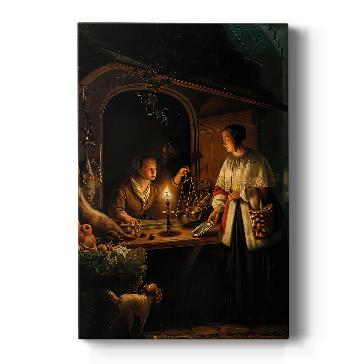 Canvas art print featuring a realistic scene of figures gathered in a dimly lit market at night on a clean white background.