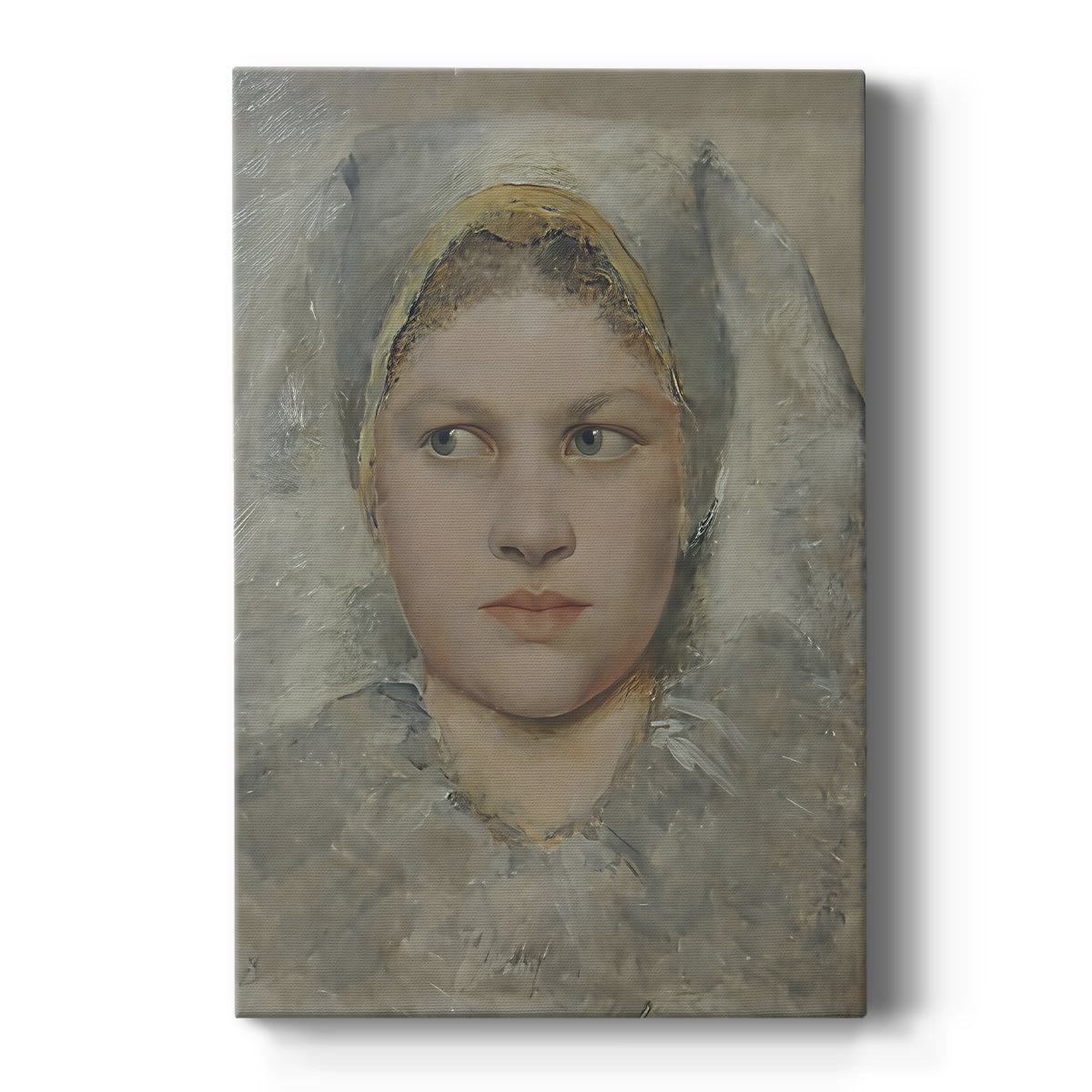 Canvas art print featuring a realistic portrait study of a young girl with soft tones and gentle expression on a clean white background.