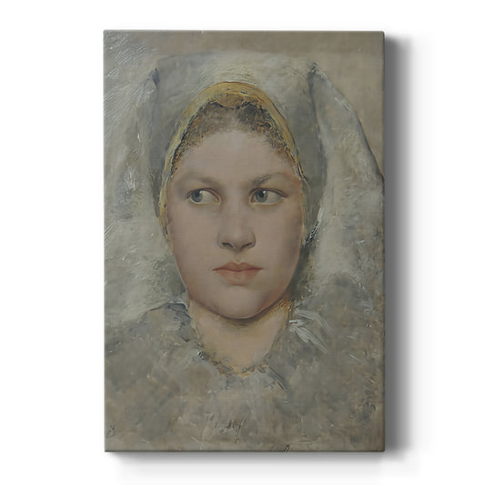 Canvas art print featuring a realistic portrait study of a young girl with soft tones and gentle expression on a clean white background.