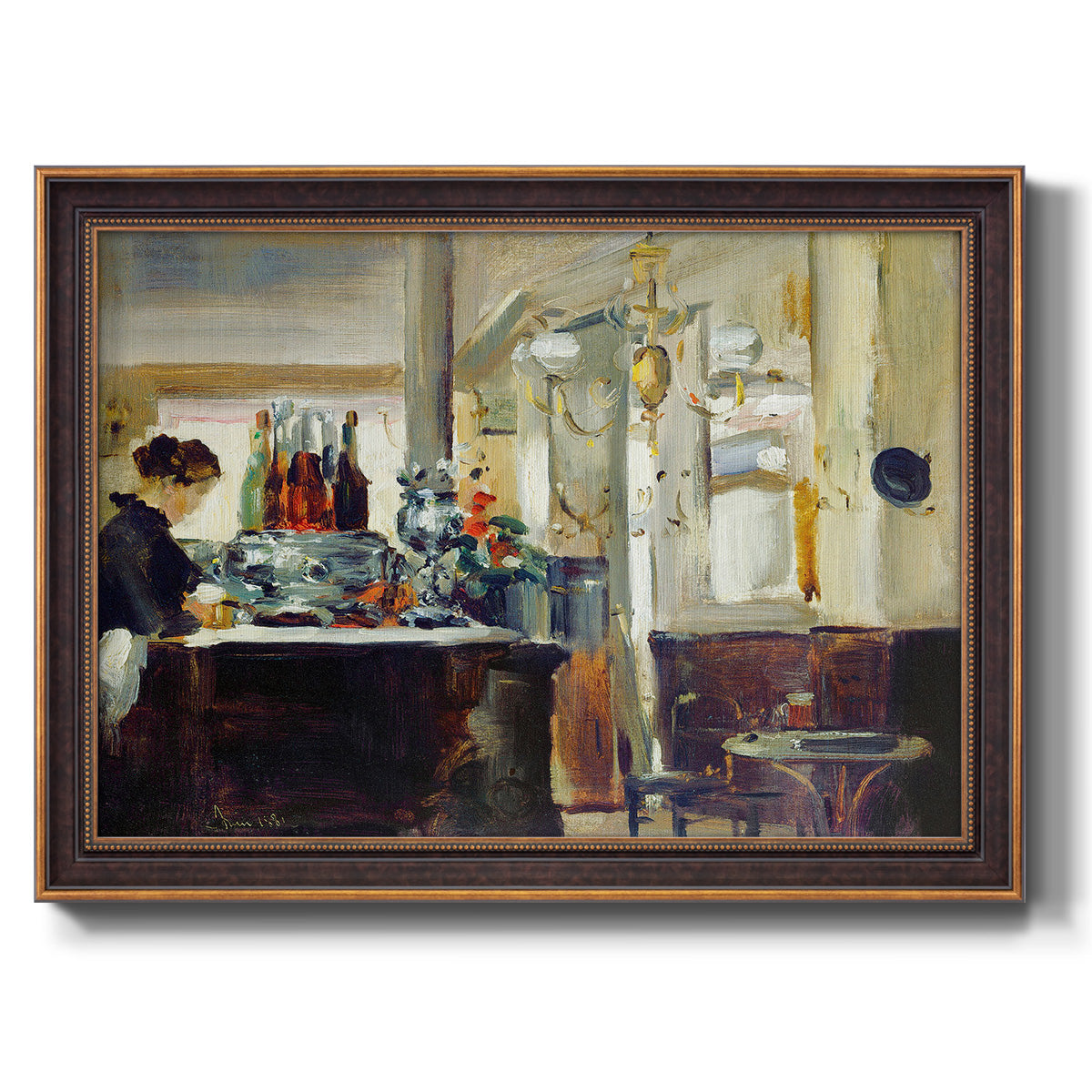 Impressionist café still life scene by Édouard Manet printed on canvas in an ornate bronzed mahogany wood frame.