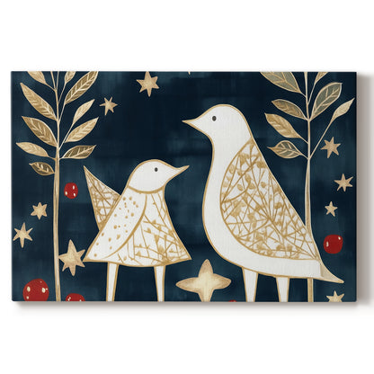 birds,whimsical art,golden patterns,dark background,nature,foliage,stars,red berries,close together,love,stylized design,decorative,illustration,minimalism,simplicity,colorful,serenity,harmony,charming,wildlife,creativity,modern art,tranquility,patterns,shapes,playful,night scene,visual art,togetherness,flora,fauna,inspiration,aesthetic,hand-drawn,outlines,beauty,contemporary art,design